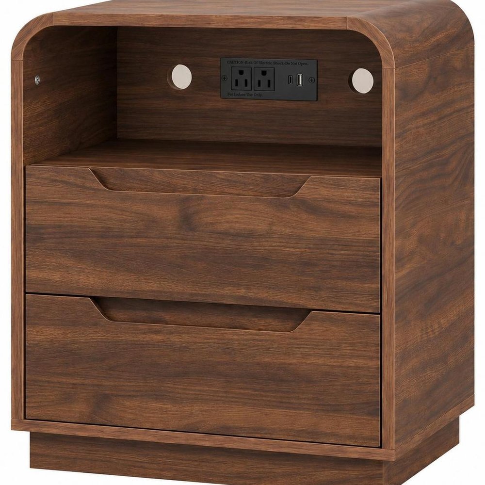 24" Natural Wood Two Drawer Nightstand with USB Port and Integrated Tech