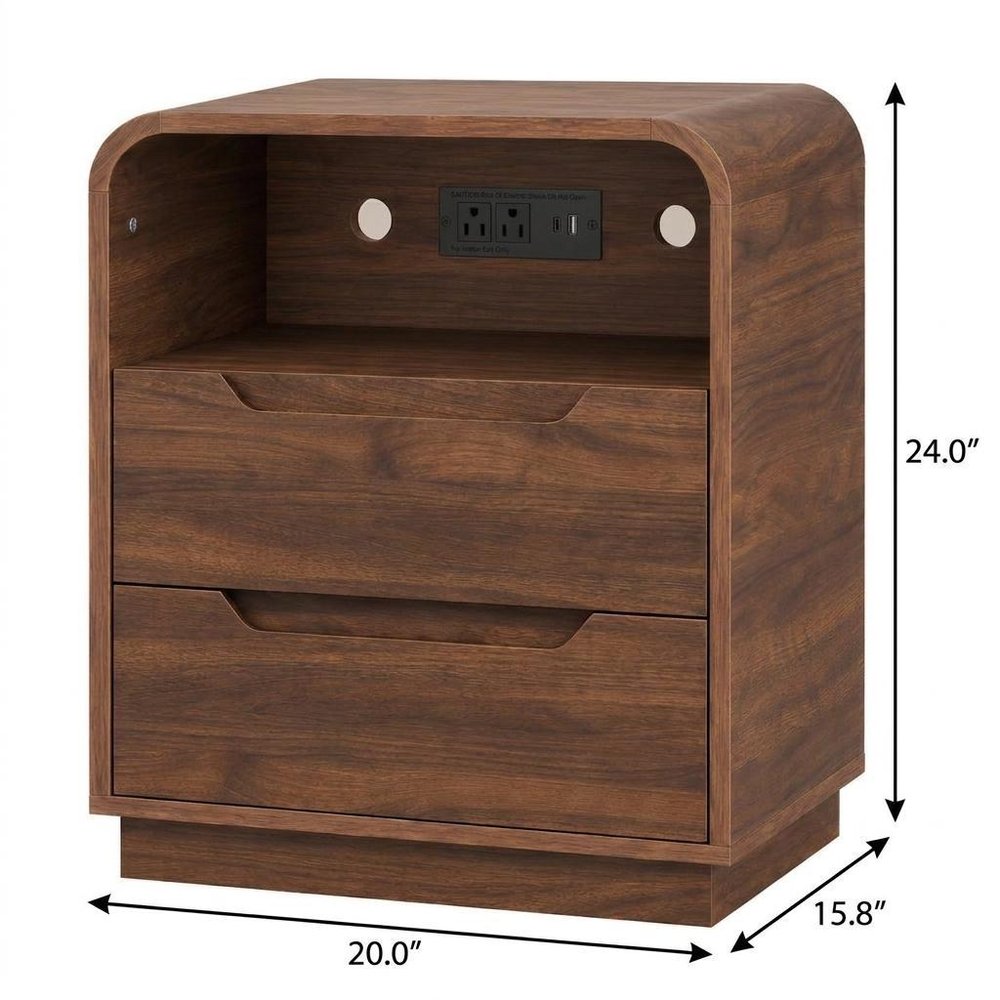 24" Natural Wood Two Drawer Nightstand with USB Port and Integrated Tech