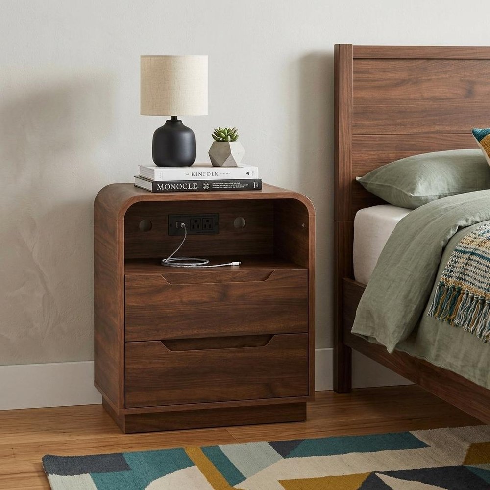 24" Natural Wood Two Drawer Nightstand with USB Port and Integrated Tech