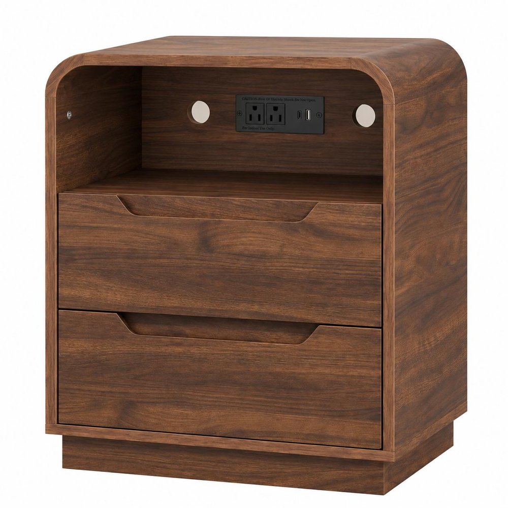 24" Natural Wood Two Drawer Nightstand with USB Port and Integrated Tech