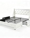 White Metal And Tufted Faux Leather Lighted Upholstered Queen Bed Frame With USB And Drawers