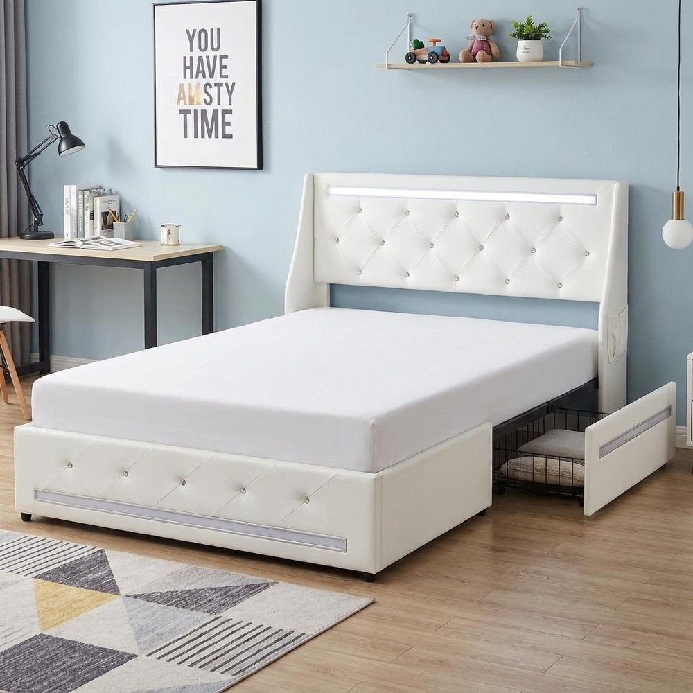 White Metal And Tufted Faux Leather Lighted Upholstered Queen Bed Frame With USB And Drawers