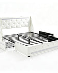 White Metal And Tufted Faux Leather Lighted Upholstered Queen Bed Frame With USB And Drawers
