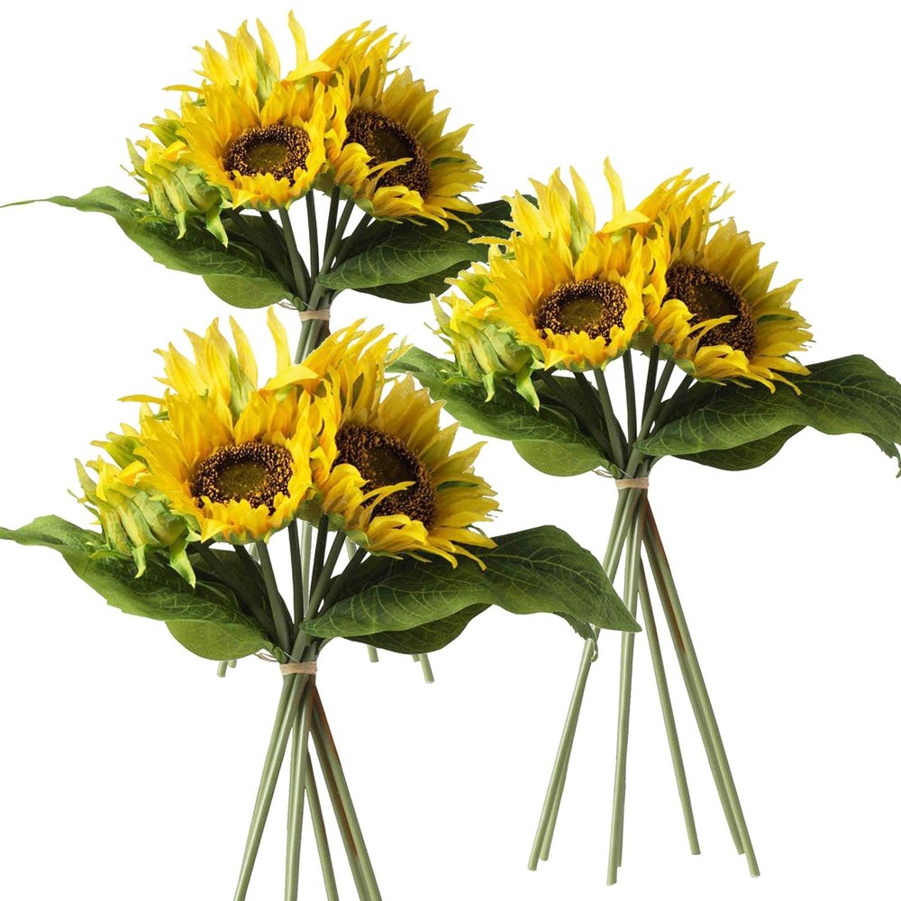 Set of Three 15" Yellow Artificial Sunflower Tree In Round Black Planter