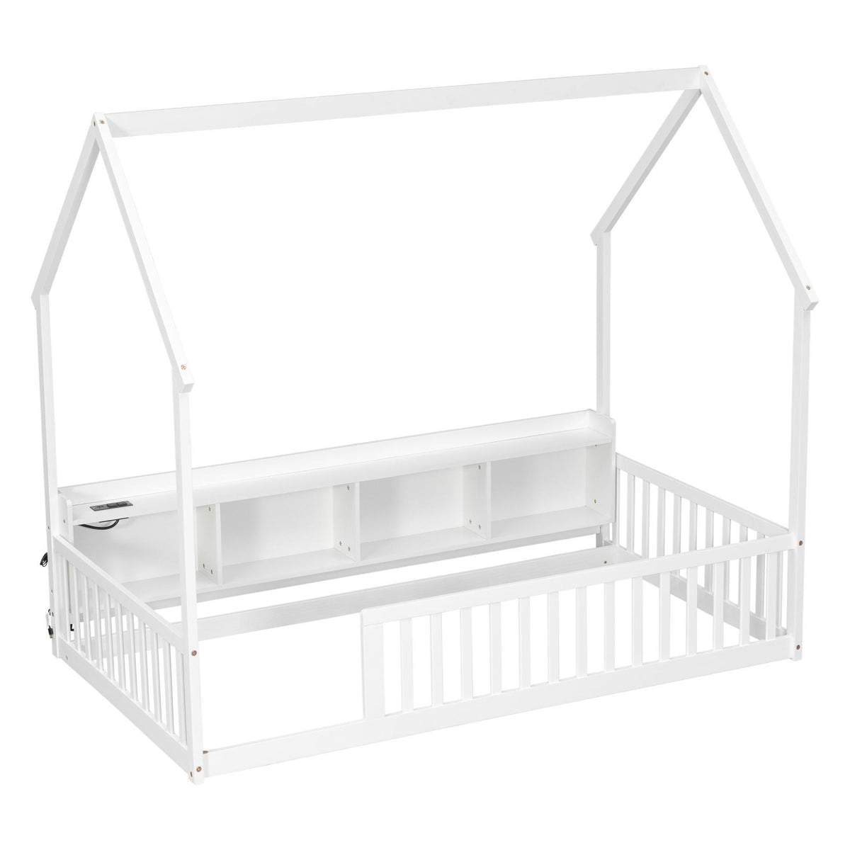 White Solid Wood Lighted Twin House Bed With USB