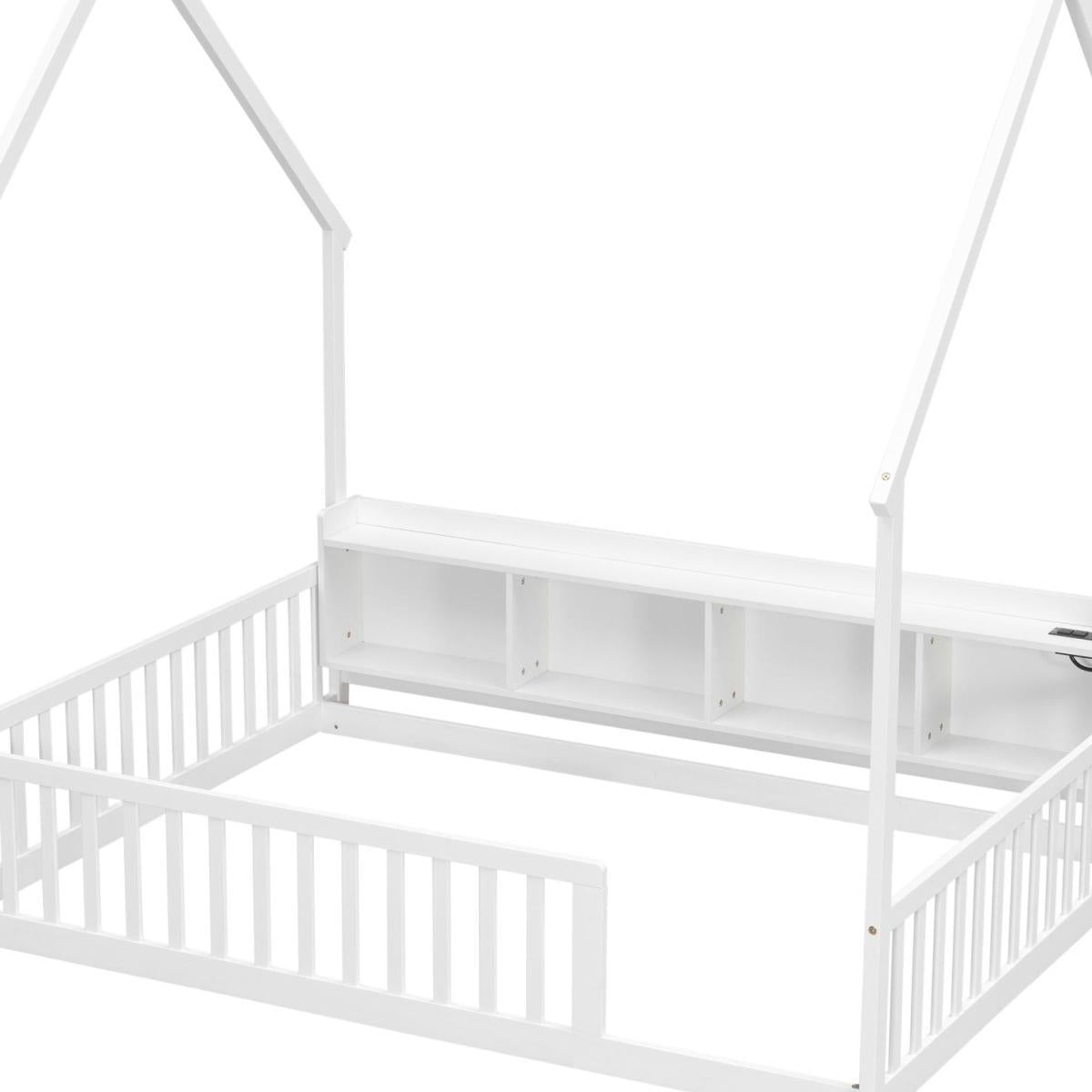 White Solid Wood Lighted Twin House Bed With USB