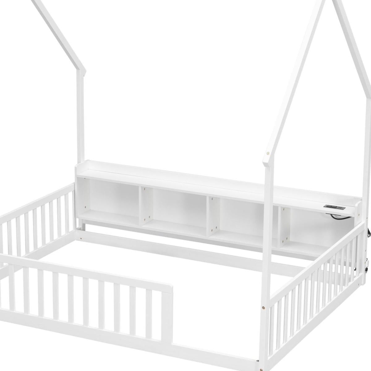 White Solid Wood Lighted Twin House Bed With USB