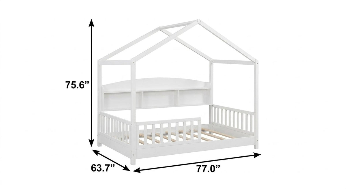 White Solid Wood Lighted Twin House Bed With USB