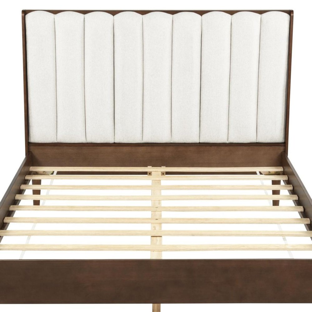 Walnut And Beige Solid Wood And Tufted Linen Blend Upholstered Queen Bed Frame