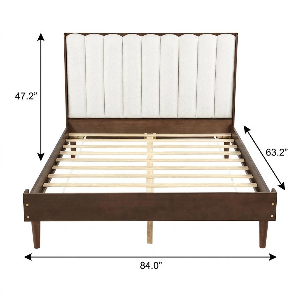 Walnut And Beige Solid Wood And Tufted Linen Blend Upholstered Queen Bed Frame