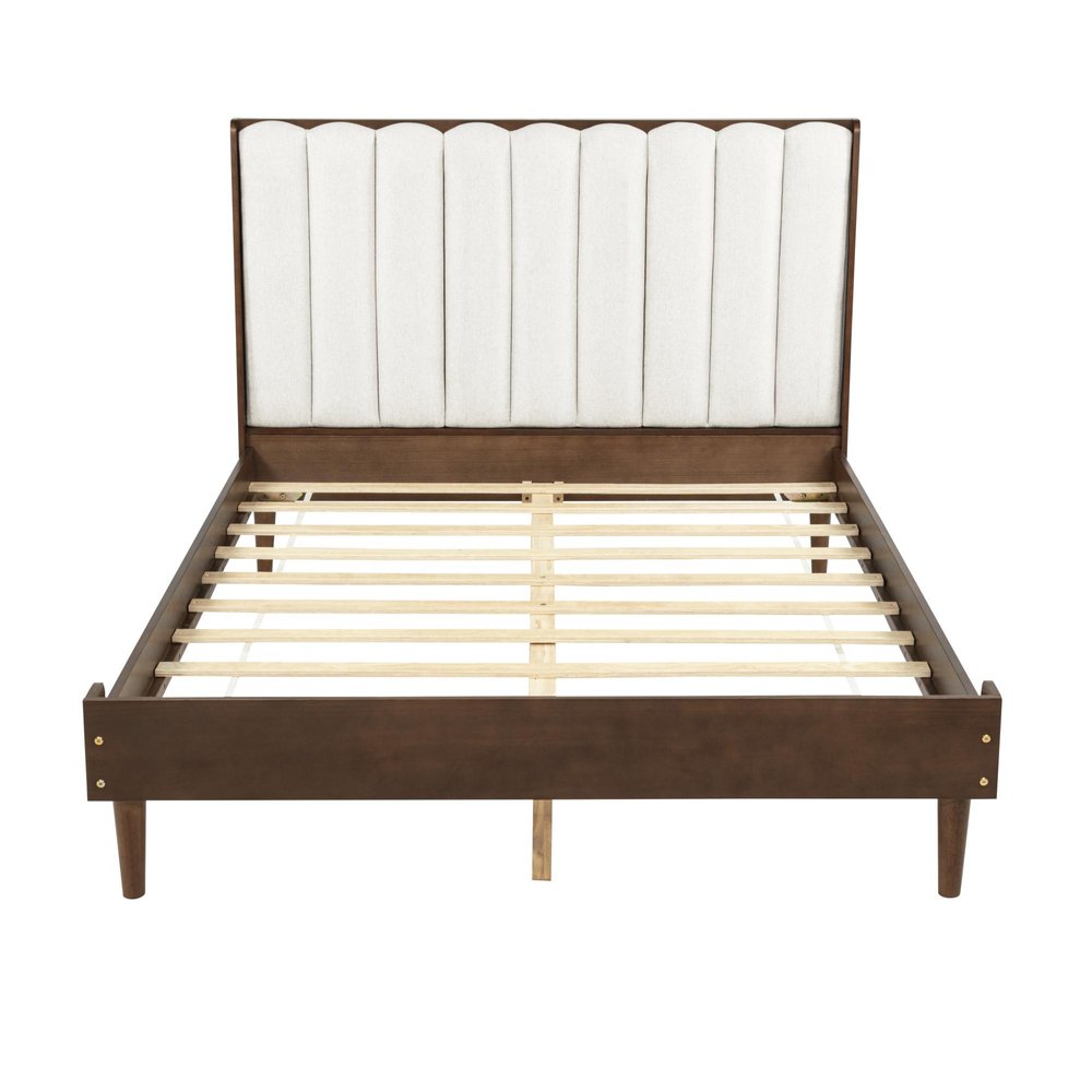 Walnut And Beige Solid Wood And Tufted Linen Blend Upholstered Queen Bed Frame