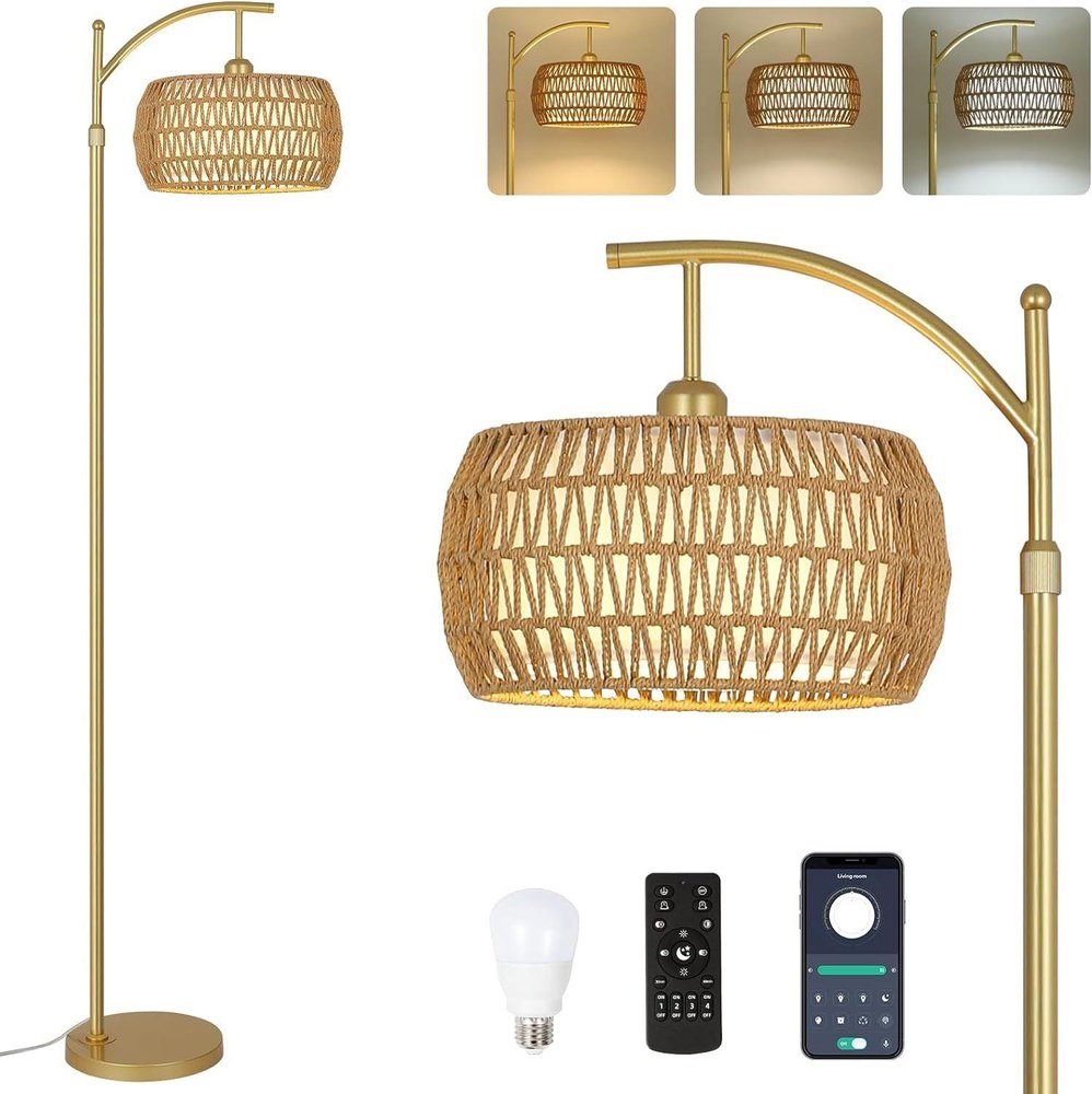 7" Gold Rattan Floor Lamp With Gold Wicker Drum Shade
