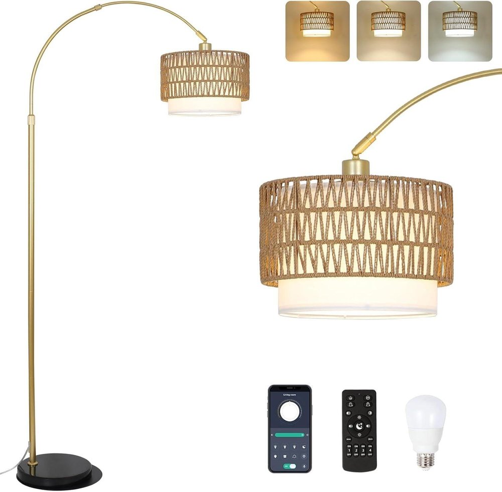 73" Gold Rattan Floor Lamp With Gold Wicker Drum Shade