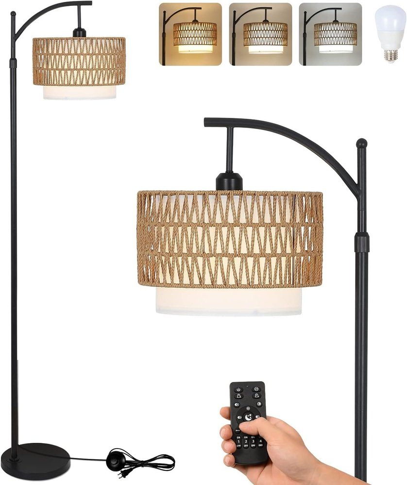 7" Black Rattan Floor Lamp With Black Wicker Drum Shade
