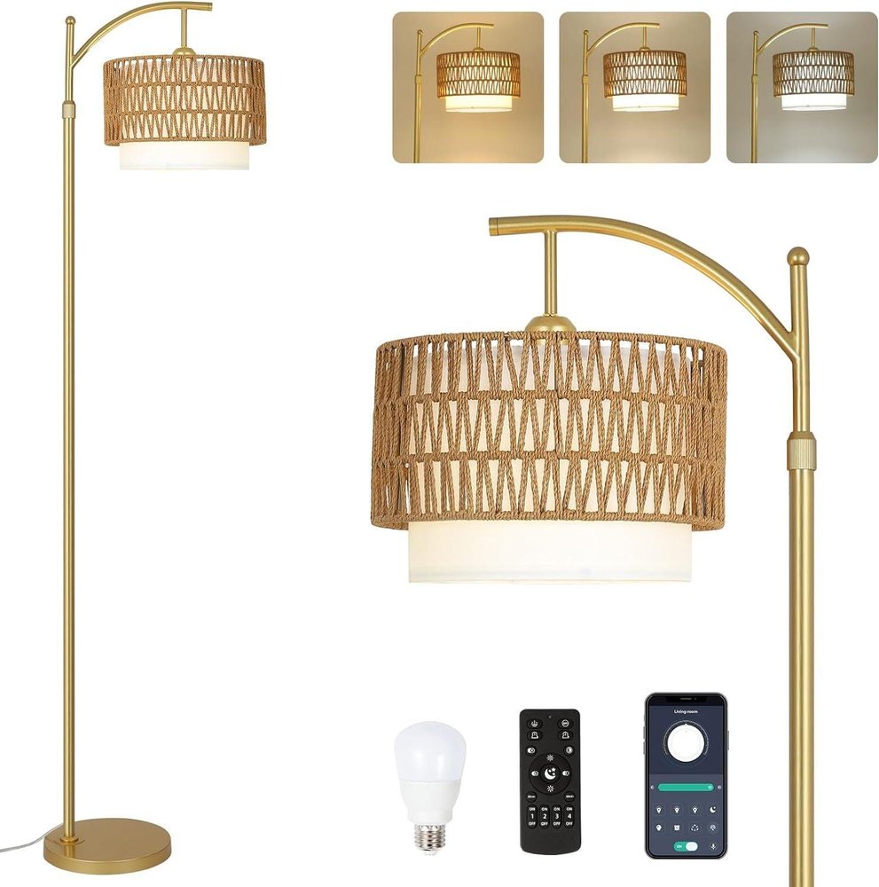 7" Gold Rattan Floor Lamp With Gold Wicker Drum Shade