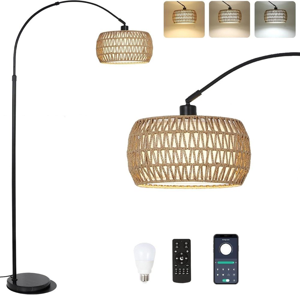 7" Black Rattan Floor Lamp With Black Wicker Drum Shade