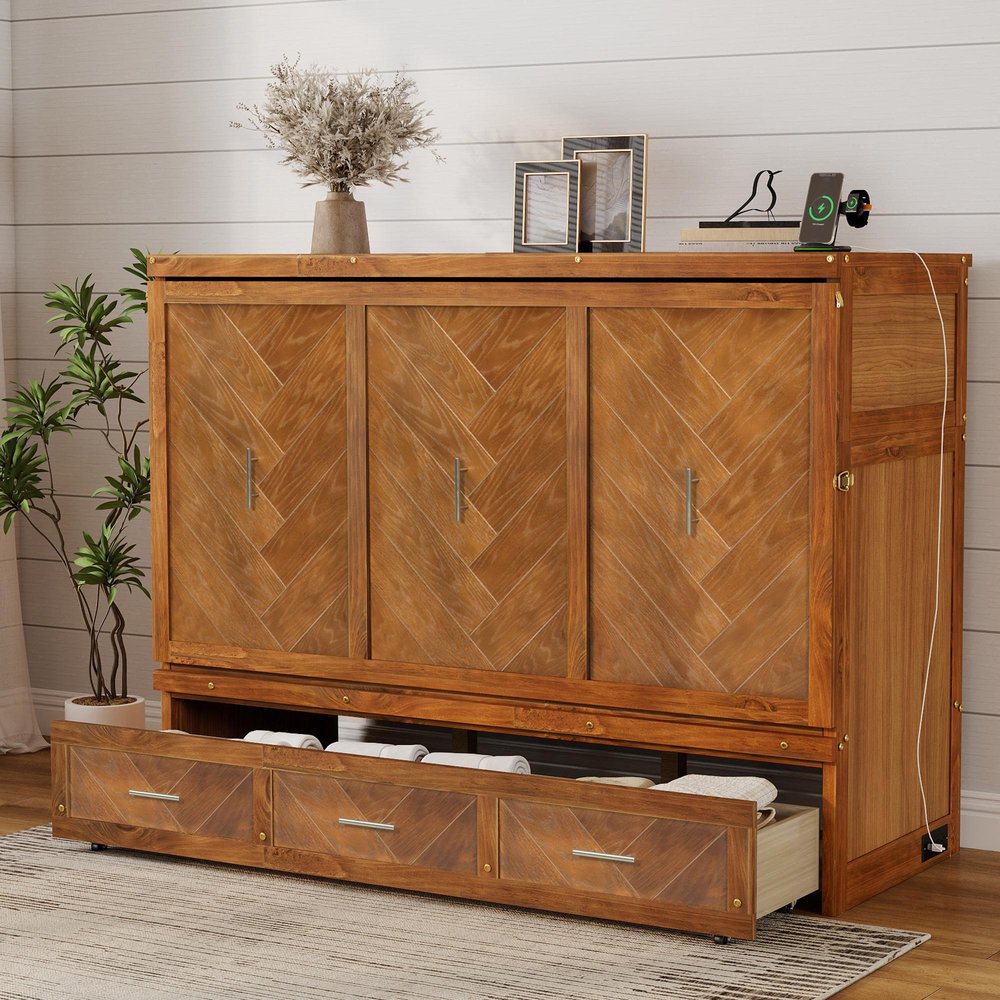 Walnut Solid Wood Queen Murphy Bed With USB With Cabinet Storage