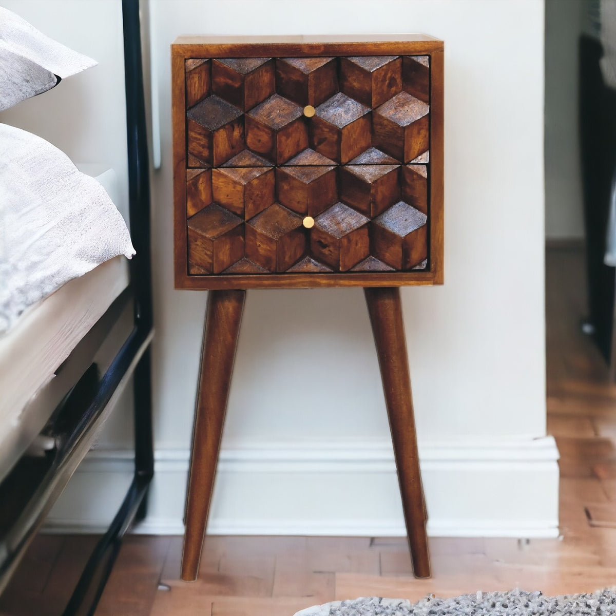 Mini Chestnut Cube 2 Drawer Nightstand