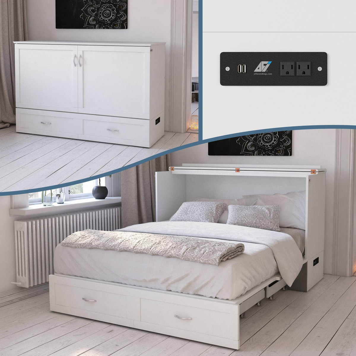 AFI Furnishings Hamilton Murphy Cabinet Bed Chest with 6" Gel Memory Foam Mattress, Storage Drawer and Built in Charger, image 1