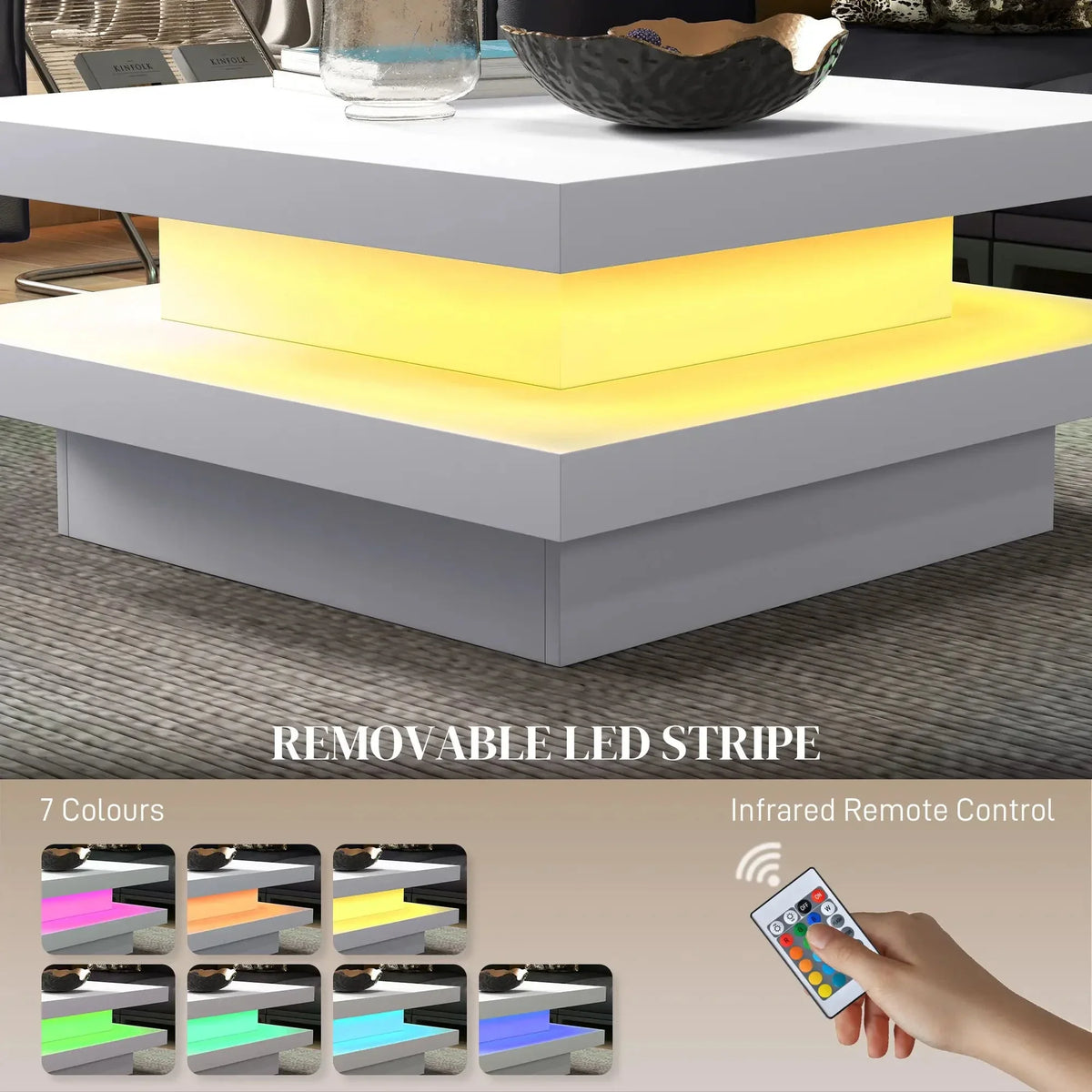Aosom Coffee Table with 7 Led Lights in White, image 4