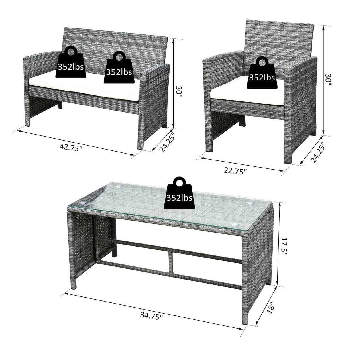 Aosom 4 Piece Outdoor Patio Wicker Rattan Garden Lawn Chair with Table Conversation Set, image 3