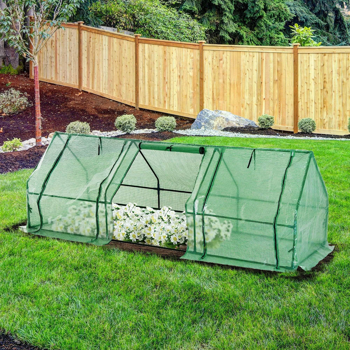Aosom Long Tunnel 3 Door Metal and Plastic Portable Backyard Greenhouse in Green, image 1