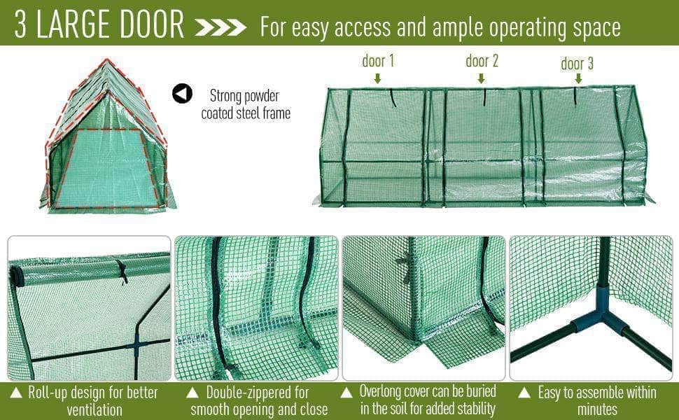 Aosom Long Tunnel 3 Door Metal and Plastic Portable Backyard Greenhouse in Green, image 10