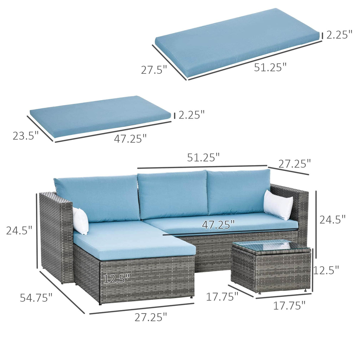 Aosom 3 Piece Modern Outdoor Patio Hand Woven Rattan Wicker Sectional Sofa with Coffee Table, image 3