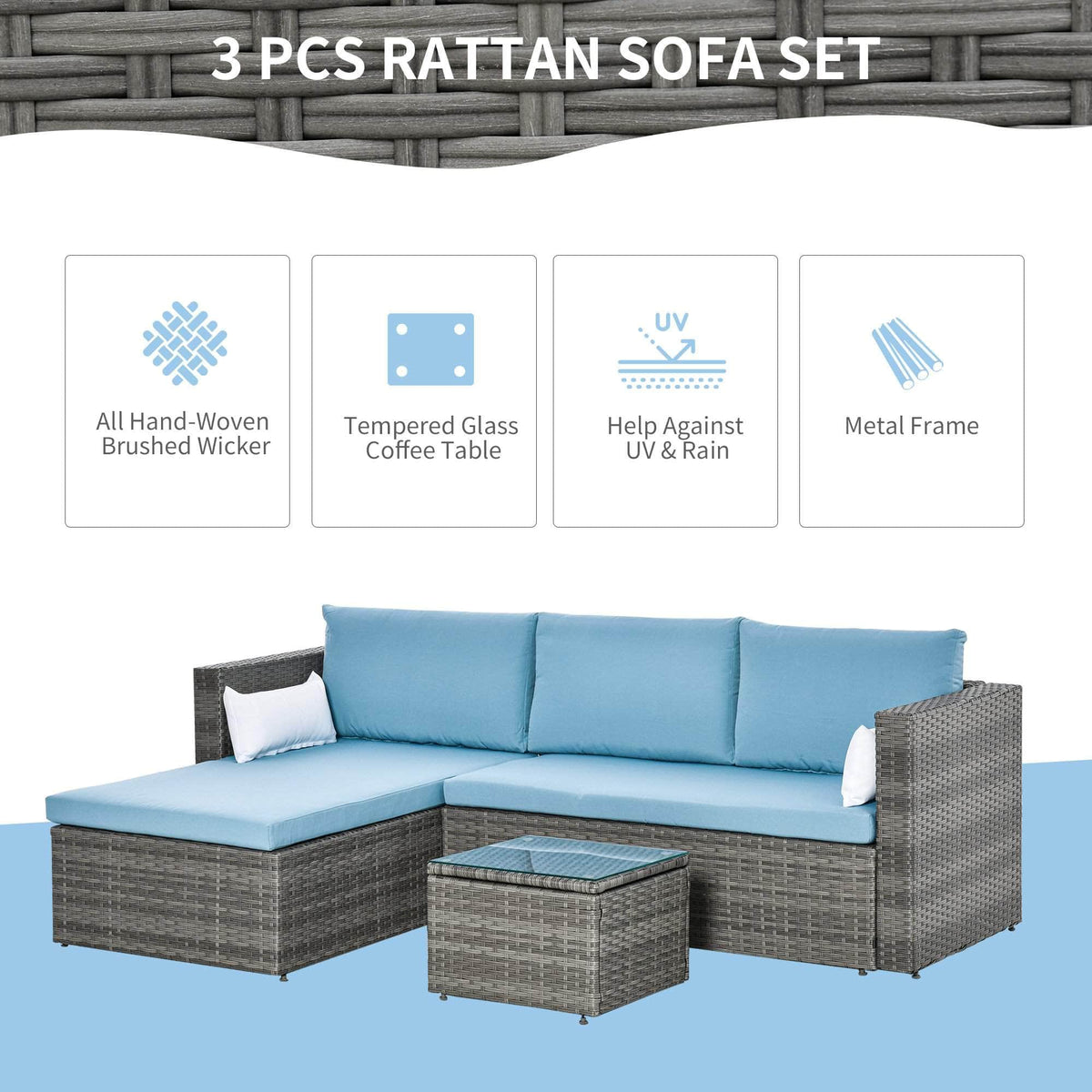 Aosom 3 Piece Modern Outdoor Patio Hand Woven Rattan Wicker Sectional Sofa with Coffee Table, image 4