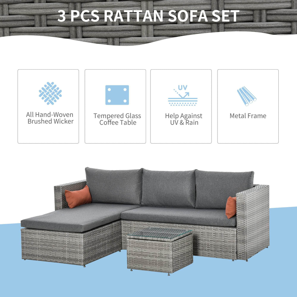 Aosom 3 Piece Modern Outdoor Patio Hand Woven Rattan Wicker Sectional Sofa with Coffee Table, image 14