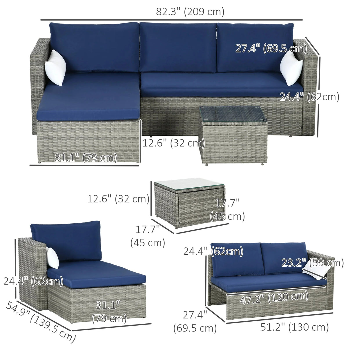 Aosom 3 Piece Modern Outdoor Patio Hand Woven Rattan Wicker Sectional Sofa with Coffee Table, image 25