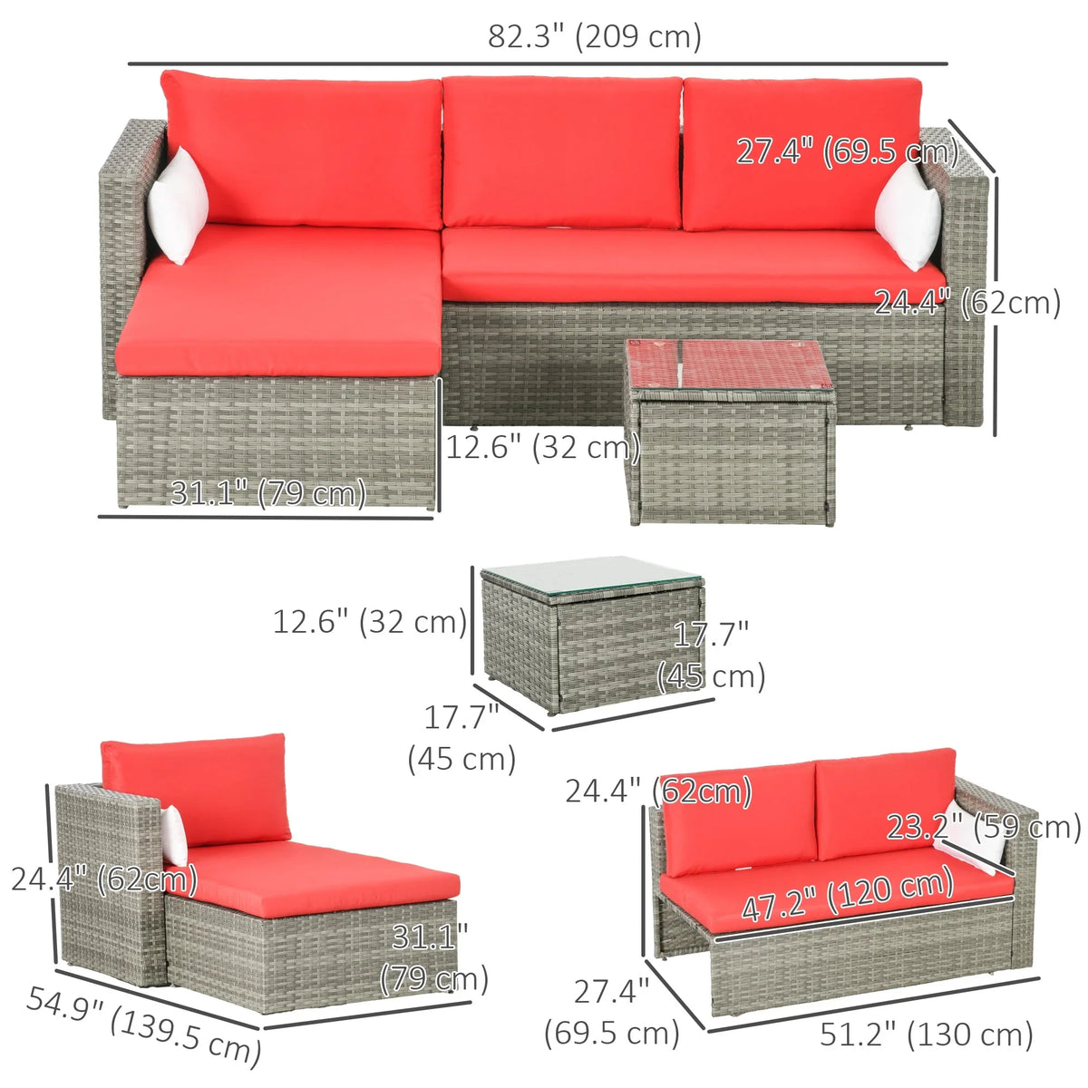 Aosom 3 Piece Modern Outdoor Patio Hand Woven Rattan Wicker Sectional Sofa with Coffee Table, image 32