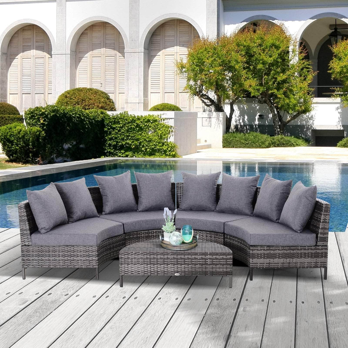 Aosom 5 Piece Outdoor Patio Rattan Wicker Curved Sectional Sofa with Coffee Table in Grey, image 2
