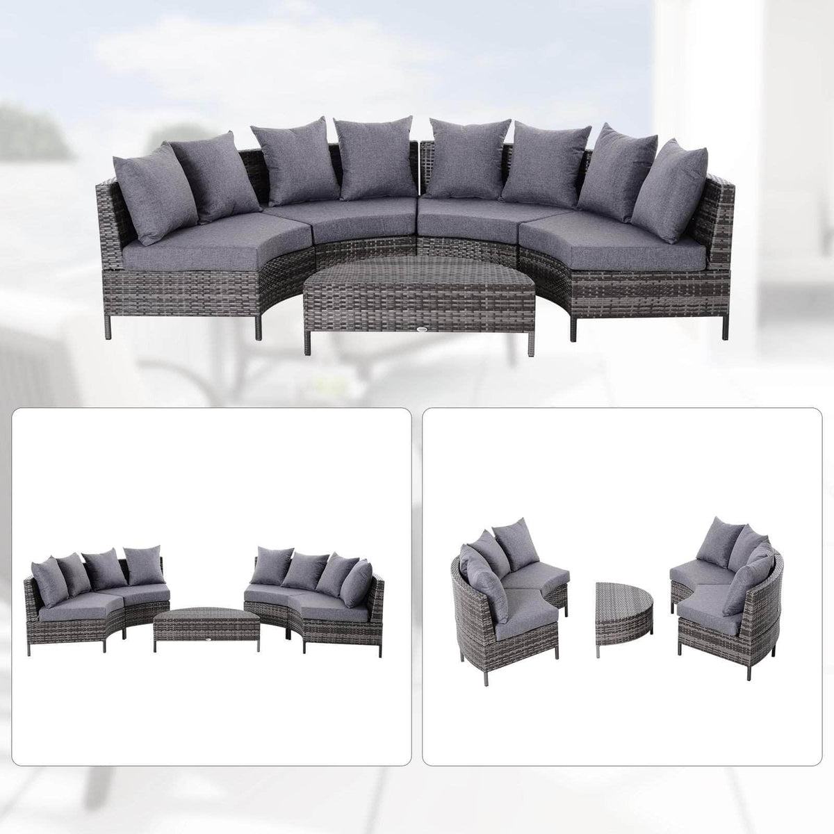 Aosom 5 Piece Outdoor Patio Rattan Wicker Curved Sectional Sofa with Coffee Table in Grey, image 7