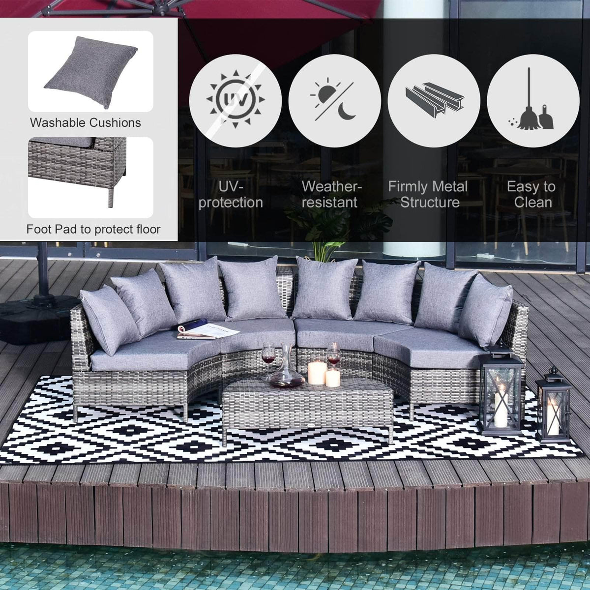 Aosom 5 Piece Outdoor Patio Rattan Wicker Curved Sectional Sofa with Coffee Table in Grey, image 9