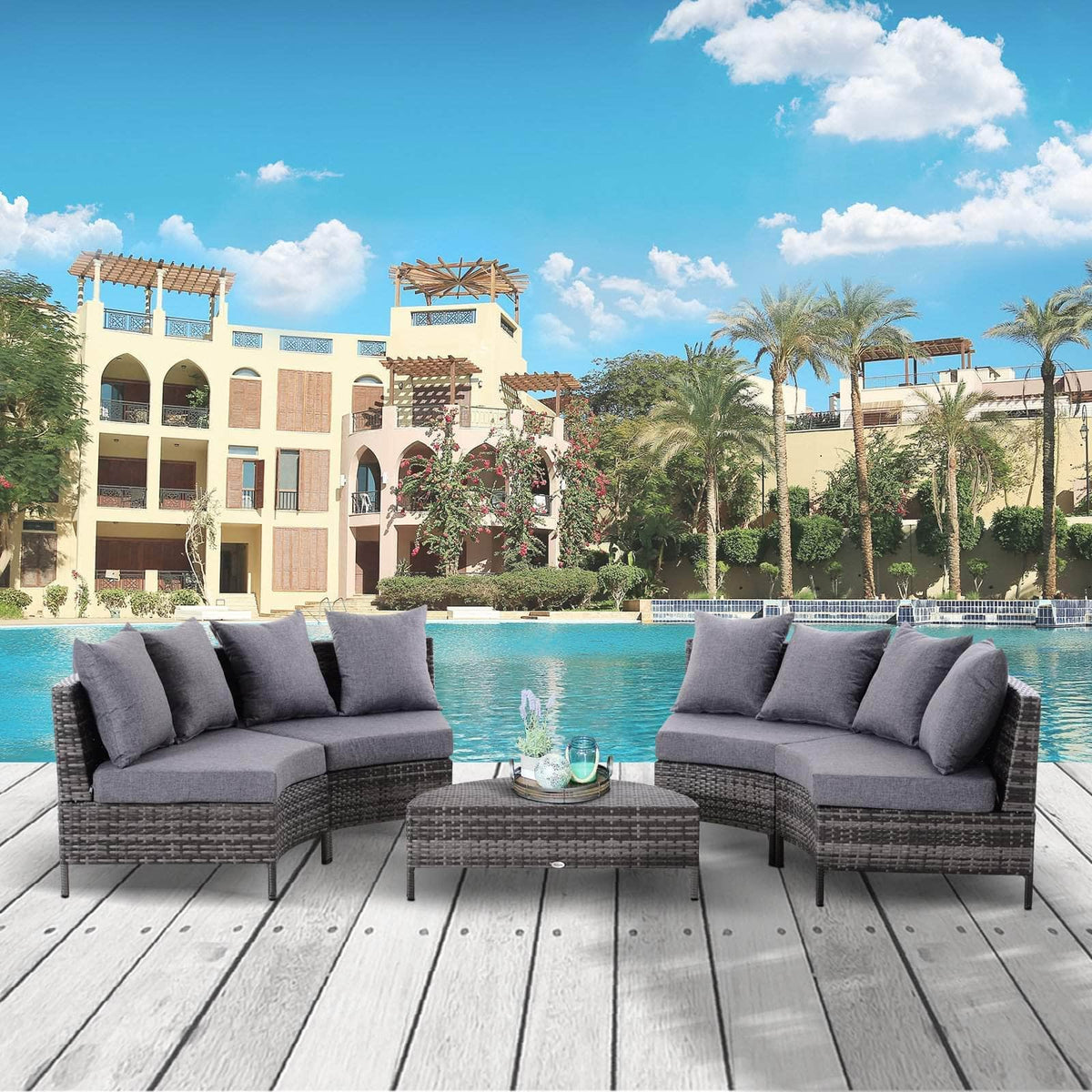 Aosom 5 Piece Outdoor Patio Rattan Wicker Curved Sectional Sofa with Coffee Table in Grey, image 1