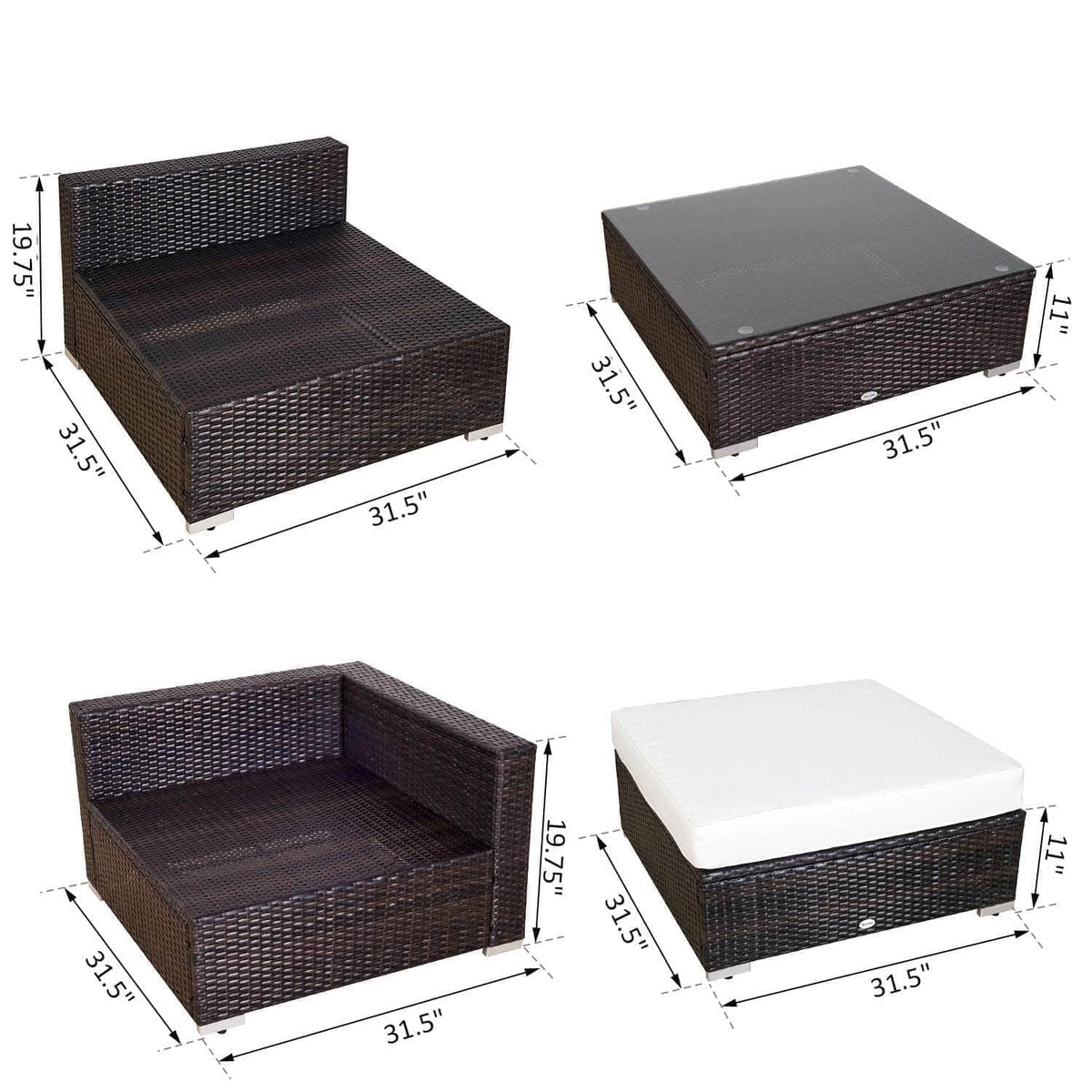 Aosom 6 Piece Outdoor Patio Wicker Rattan Modular Sectional Sofa with Coffee Table in Brown, image 3