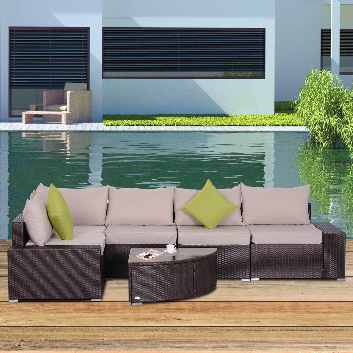 Aosom 6 Piece Outdoor Patio Wicker Rattan Modular Sectional Sofa with Coffee Table in Khaki, image 1