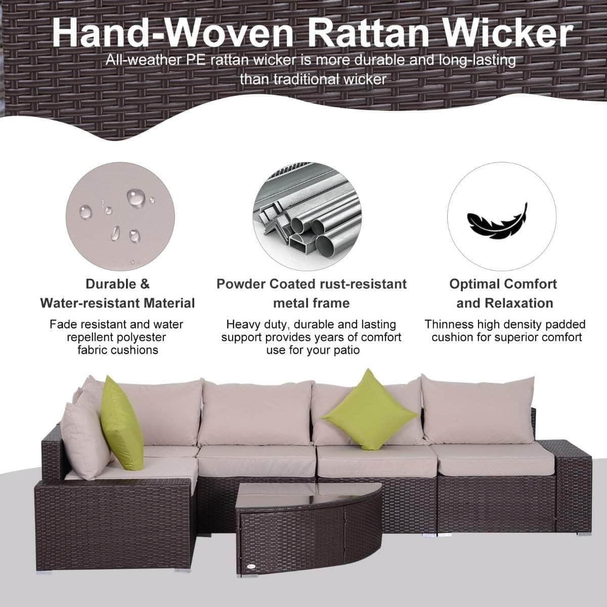 Aosom 6 Piece Outdoor Patio Wicker Rattan Modular Sectional Sofa with Coffee Table in Khaki, image 6