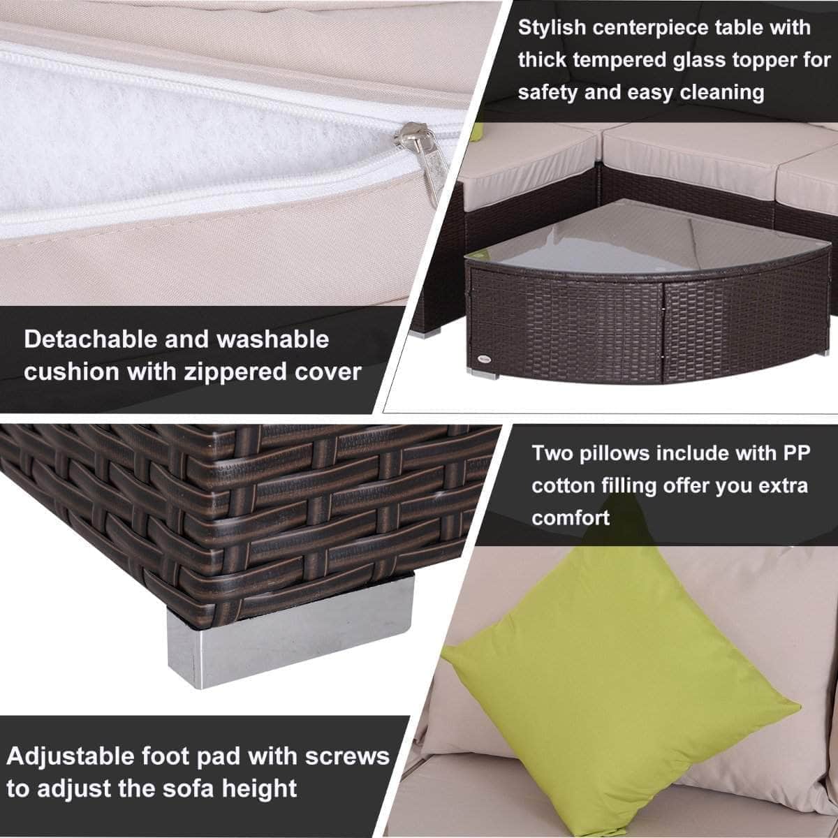 Aosom 6 Piece Outdoor Patio Wicker Rattan Modular Sectional Sofa with Coffee Table in Khaki, image 7