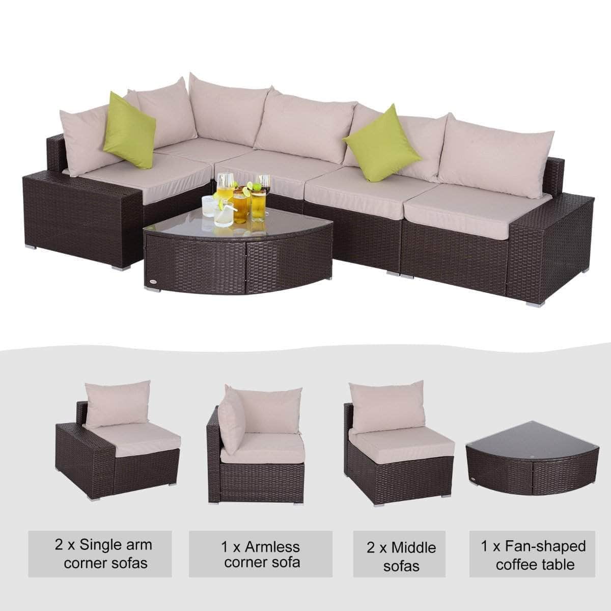Aosom 6 Piece Outdoor Patio Wicker Rattan Modular Sectional Sofa with Coffee Table in Khaki, image 4