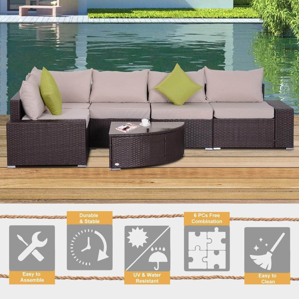 Aosom 6 Piece Outdoor Patio Wicker Rattan Modular Sectional Sofa with Coffee Table in Khaki, image 5