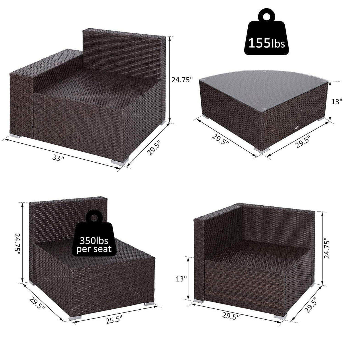 Aosom 6 Piece Outdoor Patio Wicker Rattan Modular Sectional Sofa with Coffee Table in Khaki, image 3