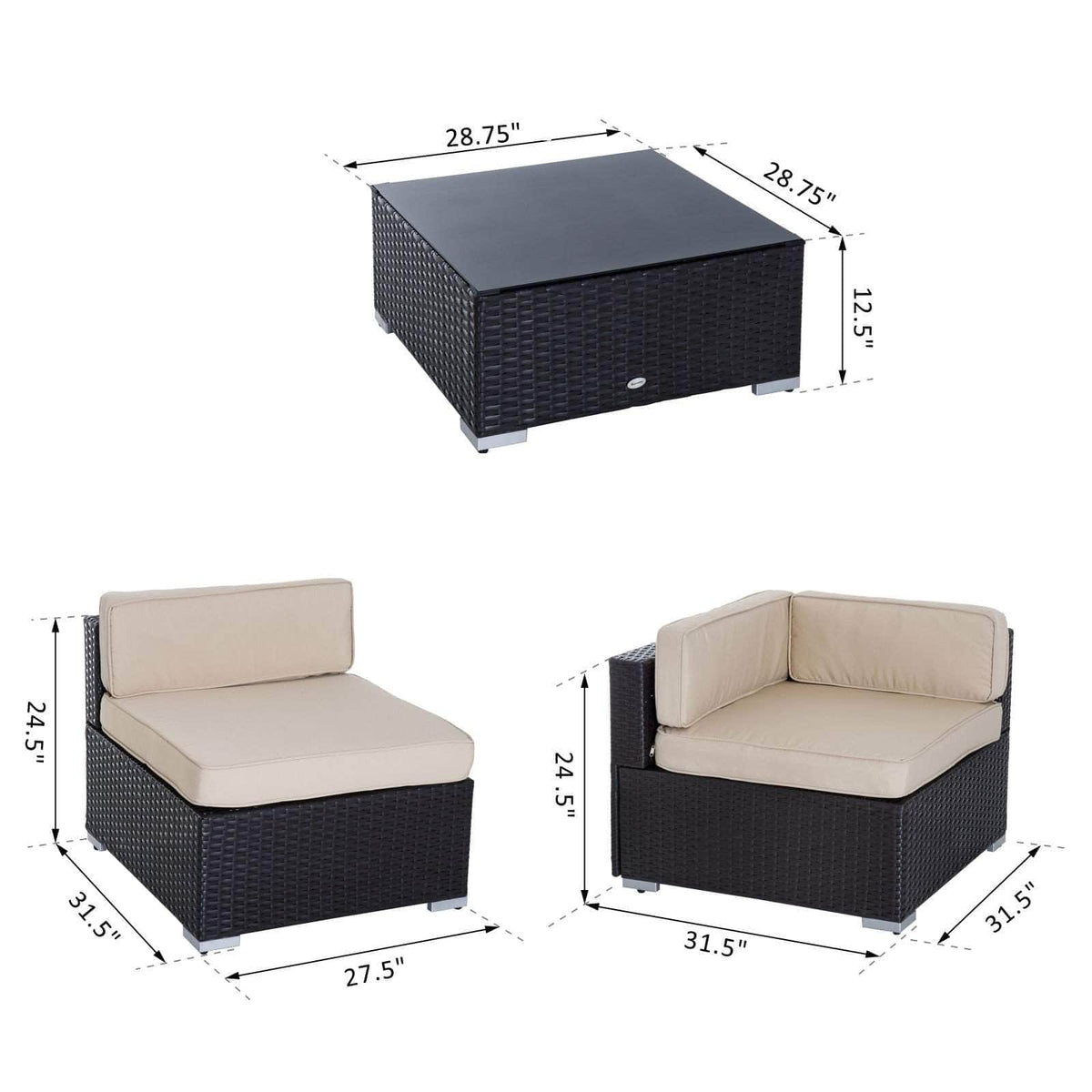 Aosom 7 Piece Outdoor Patio Rattan Wicker Modular U Shaped Sectional Sofa Set with Coffee Table in Beige, image 3