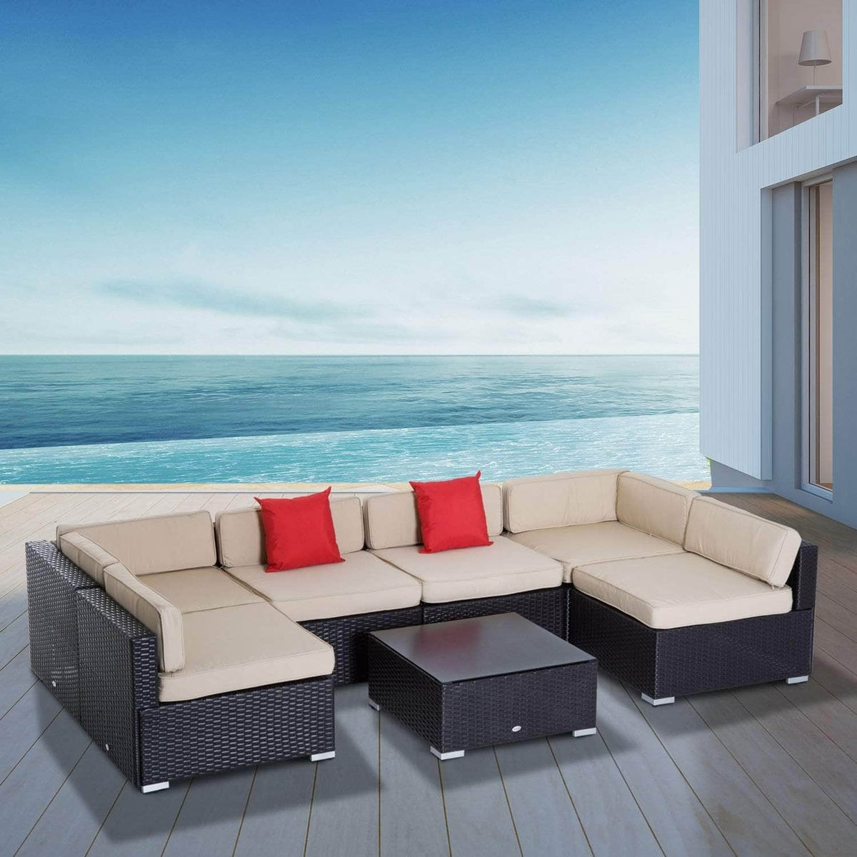 Aosom 7 Piece Outdoor Patio Rattan Wicker Modular U Shaped Sectional Sofa Set with Coffee Table in Beige, image 1