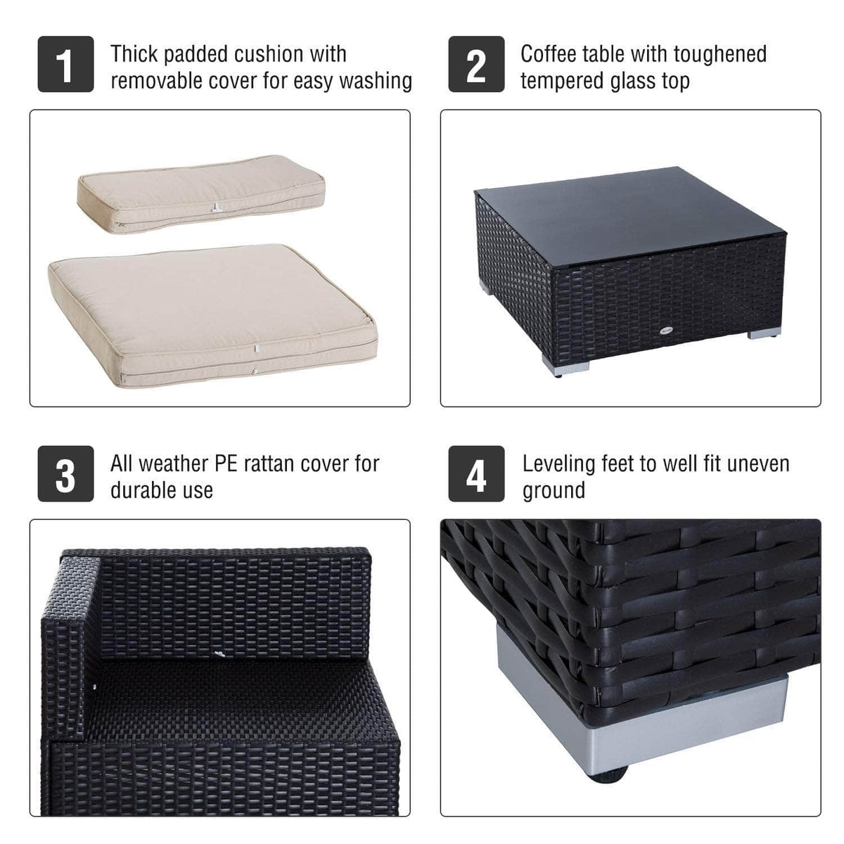Aosom 7 Piece Outdoor Patio Rattan Wicker Modular U Shaped Sectional Sofa Set with Coffee Table in Beige, image 9