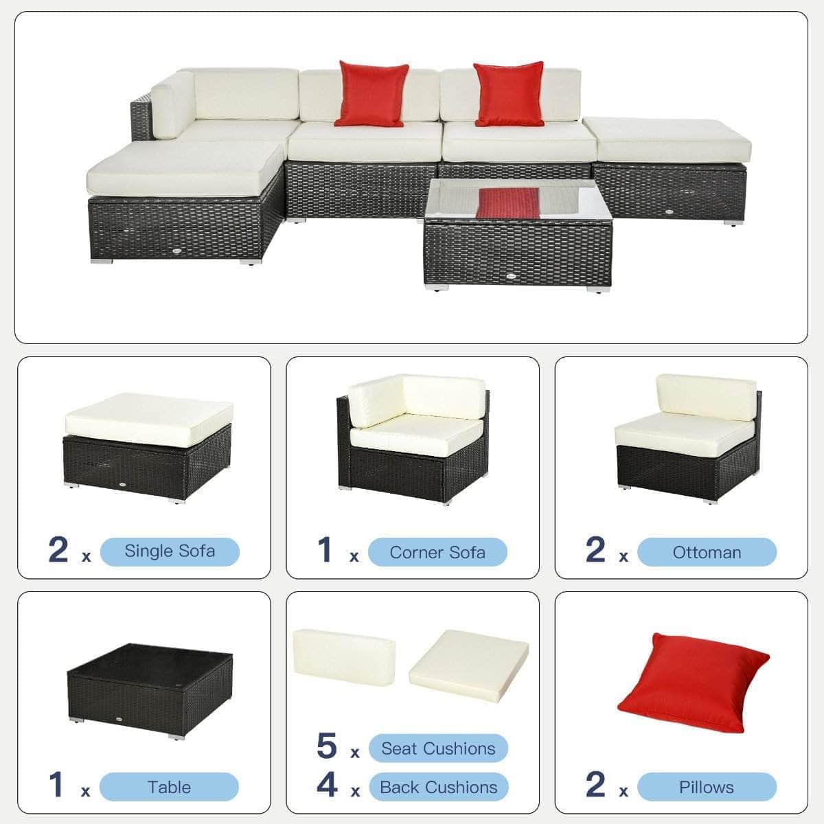 Aosom 6 Piece All Weather Deluxe Outdoor Patio Rattan Wicker Sectional Sofa Set in Cream White, image 14
