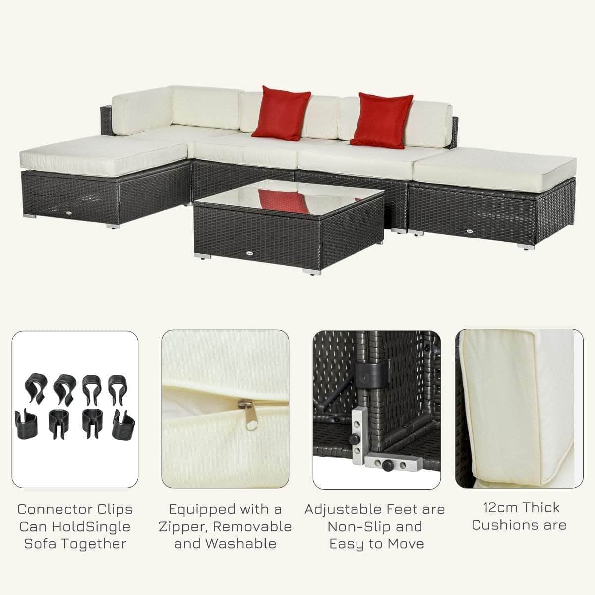 Aosom 6 Piece All Weather Deluxe Outdoor Patio Rattan Wicker Sectional Sofa Set in Cream White, image 12