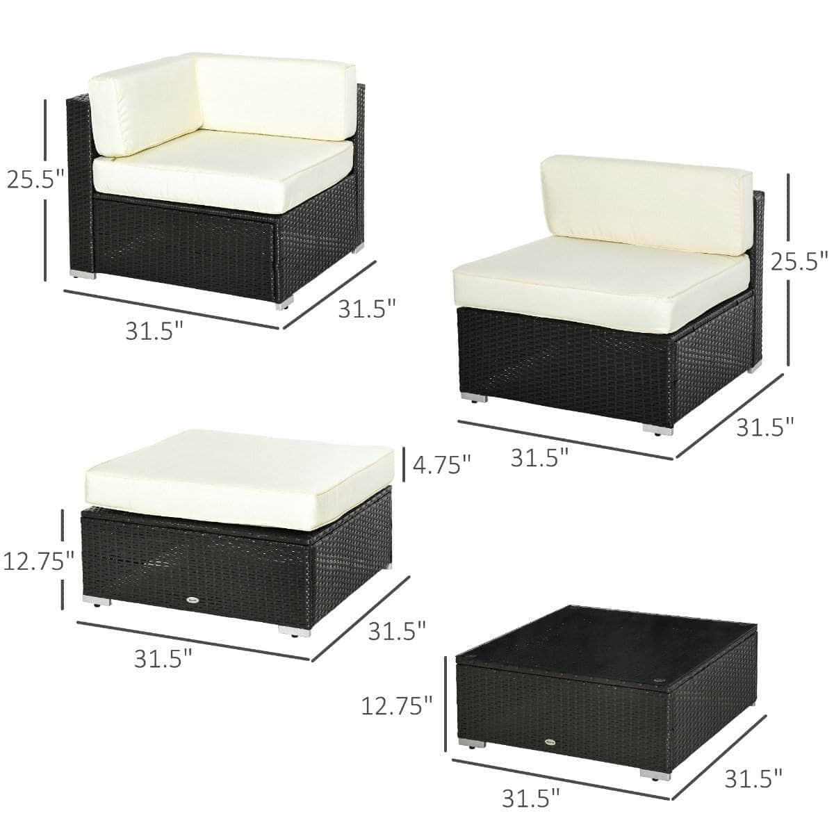 Aosom 6 Piece All Weather Deluxe Outdoor Patio Rattan Wicker Sectional Sofa Set in Cream White, image 9