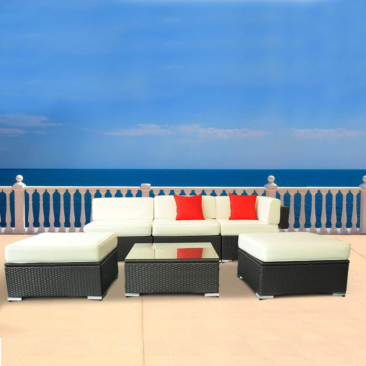 Aosom 6 Piece All Weather Deluxe Outdoor Patio Rattan Wicker Sectional Sofa Set in Cream White, image 1
